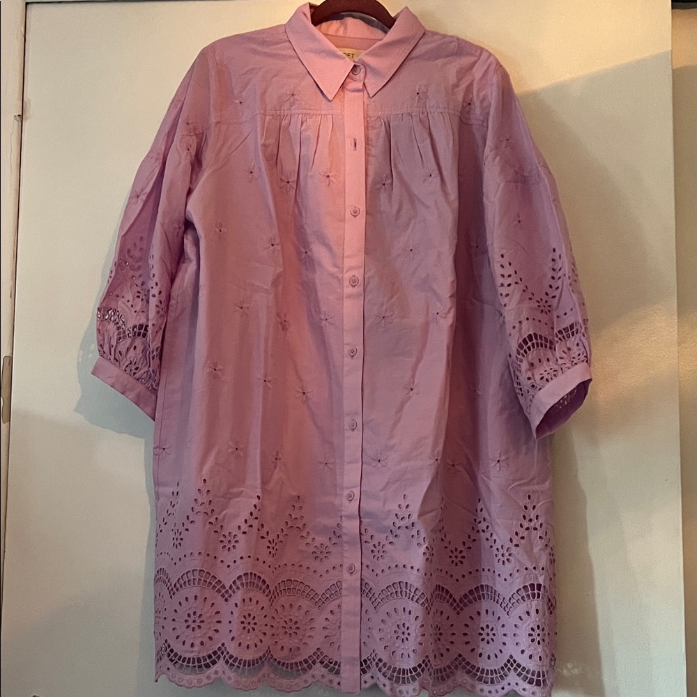 LOFT Lavender Eyelet  Button-Up Shirtdress  to about knee- new xl petite-